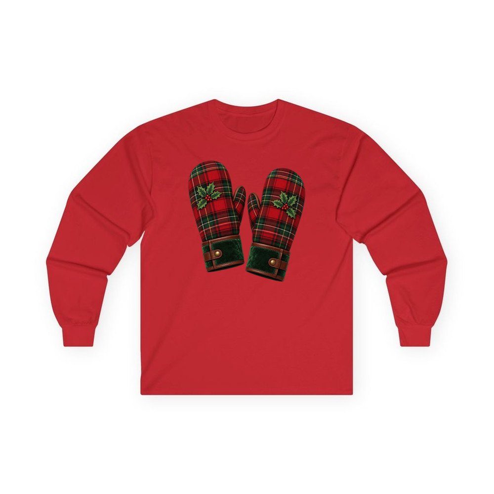 Tartan Christmas Mittens personalised long sleeve Christmas T-shirt in red