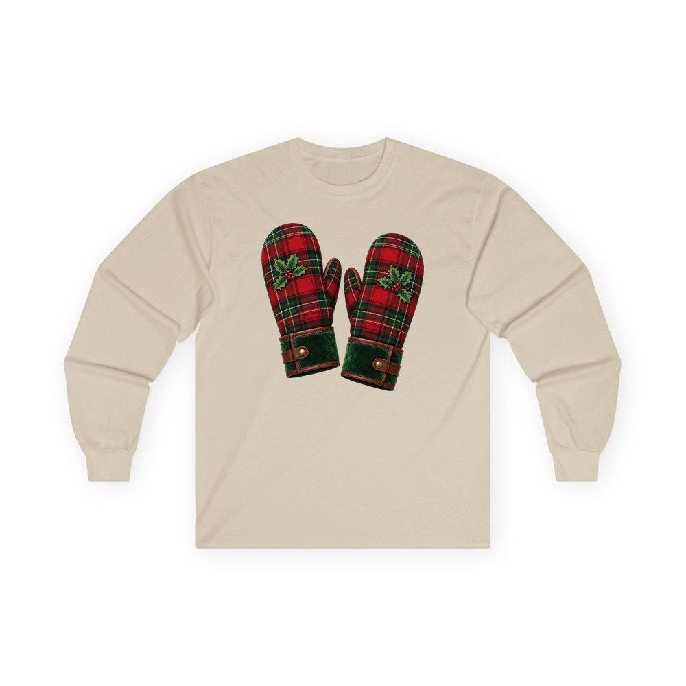 Tartan Christmas Mittens personalised long sleeve Christmas T-shirt in sand