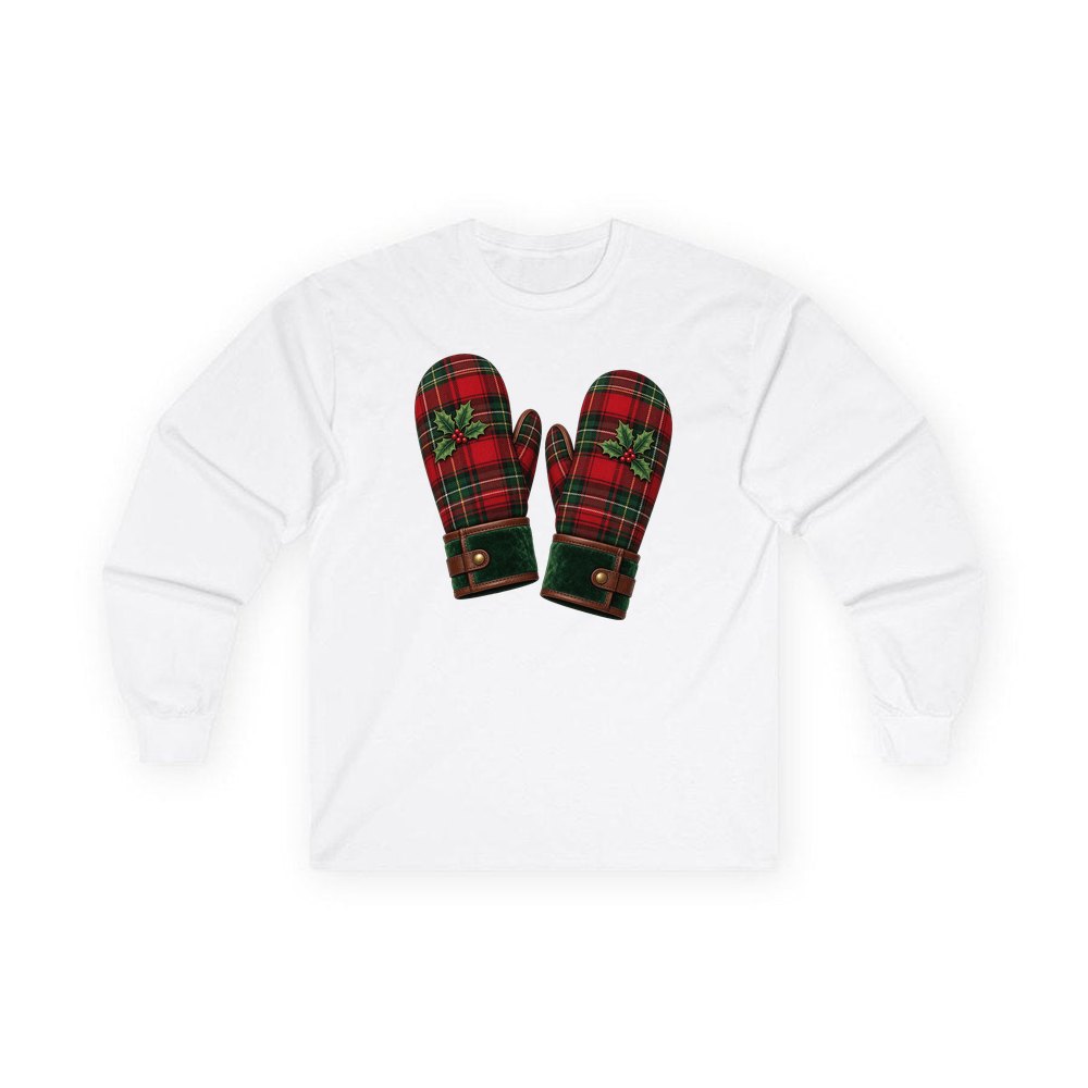 Tartan Christmas Mittens personalised long sleeve Christmas T-shirt in white