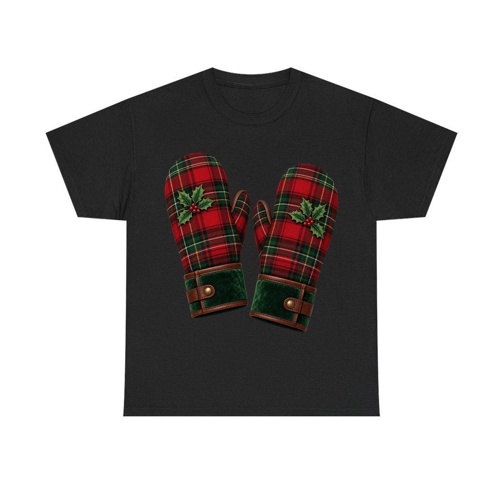 Tartan Christmas Mittens personalised Christmas T-shirt in black