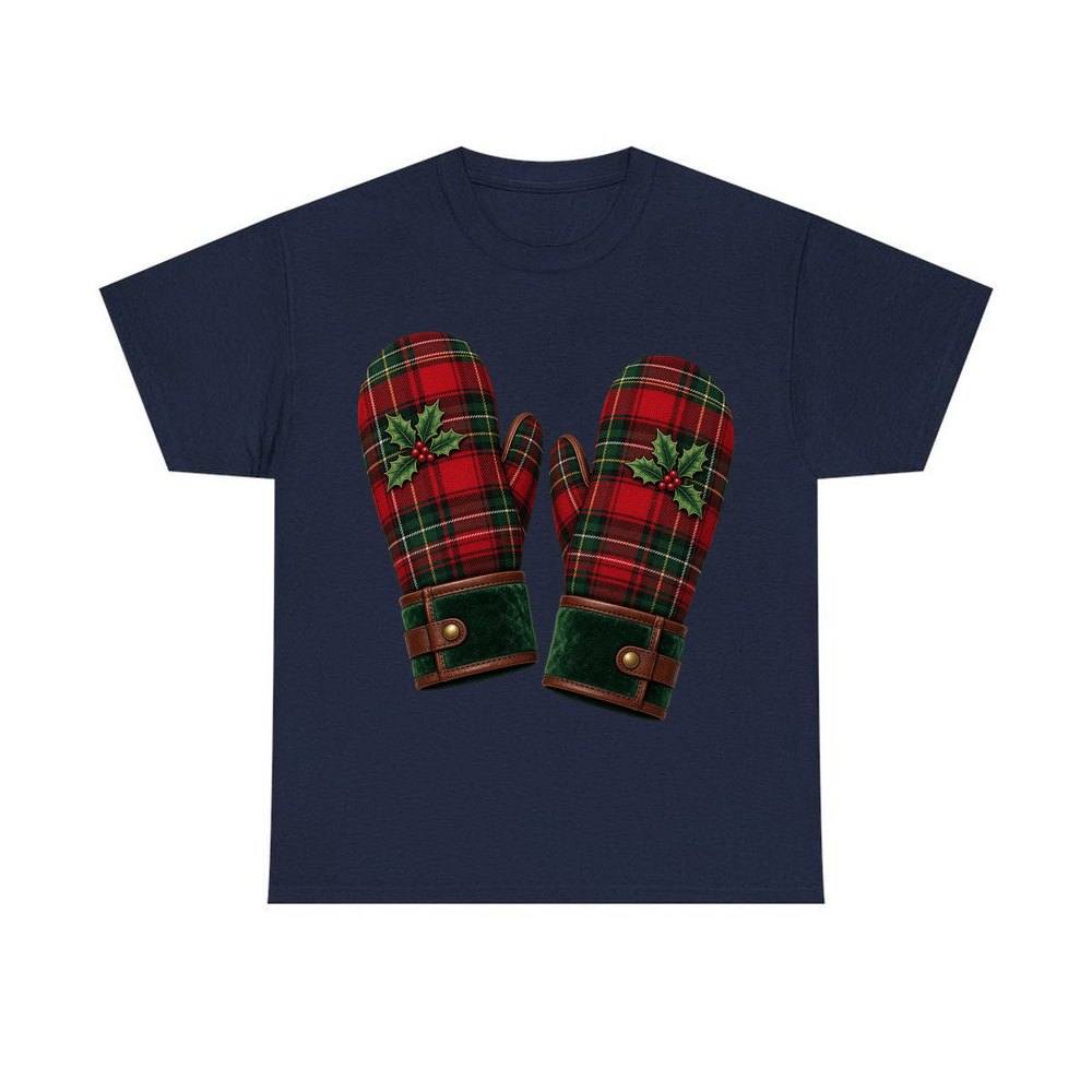 Tartan Christmas Mittens personalised Christmas T-shirt in navy