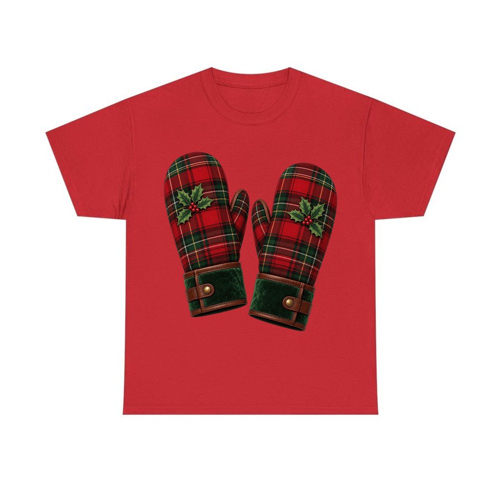 Tartan Christmas Mittens personalised Christmas T-shirt in red