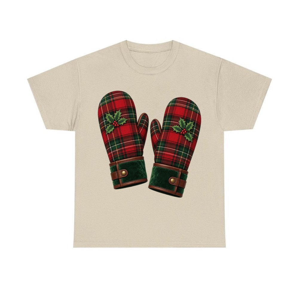 Tartan Christmas Mittens personalised Christmas T-shirt in sand