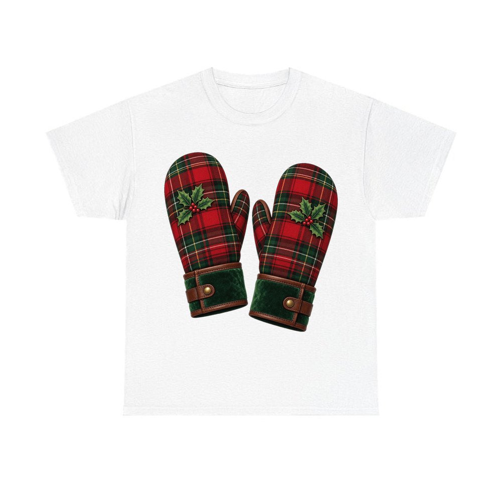 Tartan Christmas Mittens personalised Christmas T-shirt in white