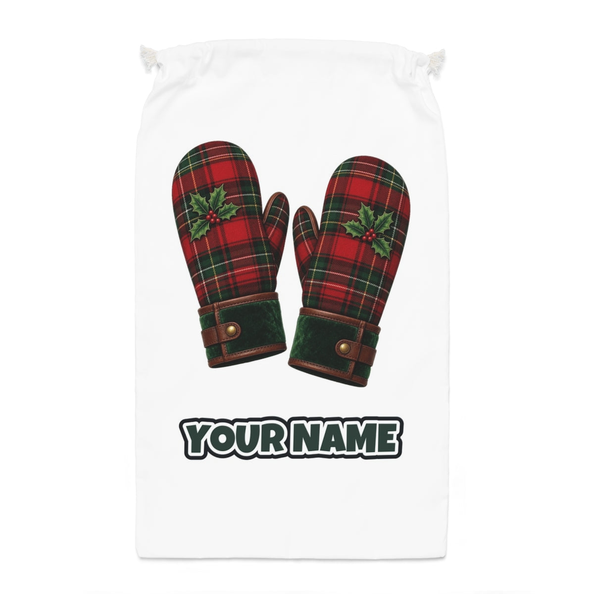 Tartan Christmas Mittens Santa sack laid flat, showing the full print