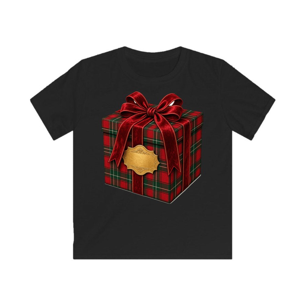 Tartan Gift Box personalised kids Christmas tee in black