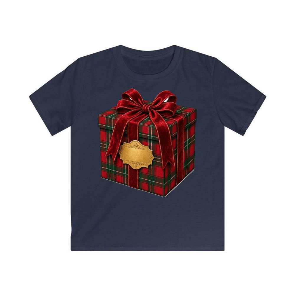 Tartan Gift Box personalised kids Christmas tee in navy