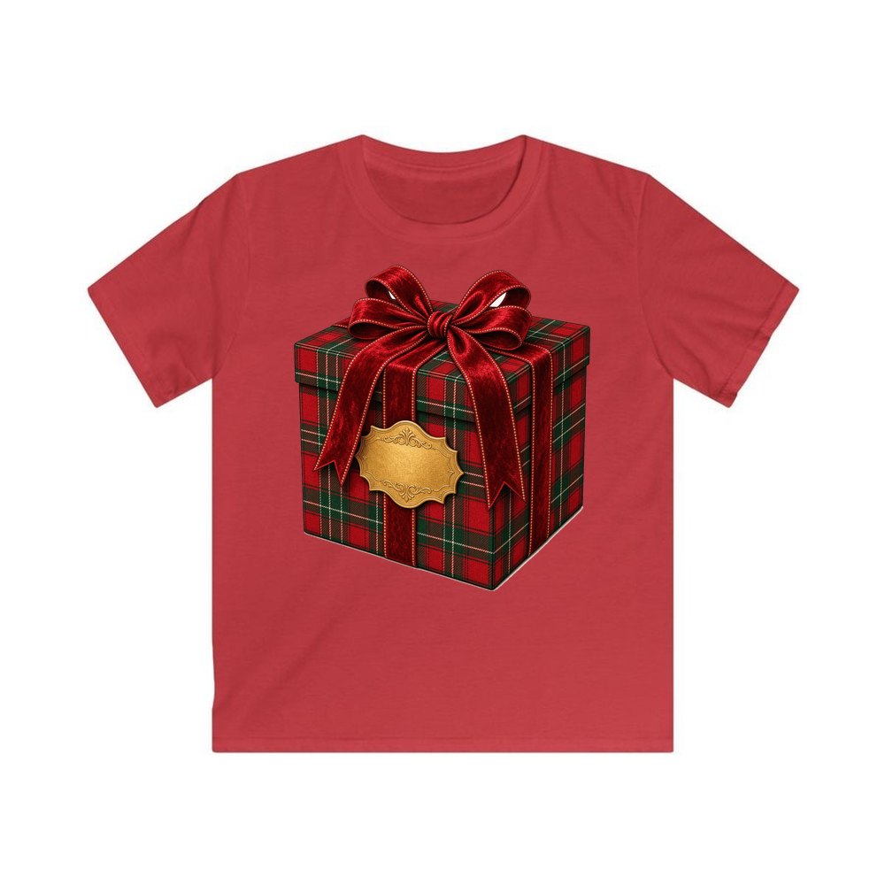Tartan Gift Box personalised kids Christmas tee in red