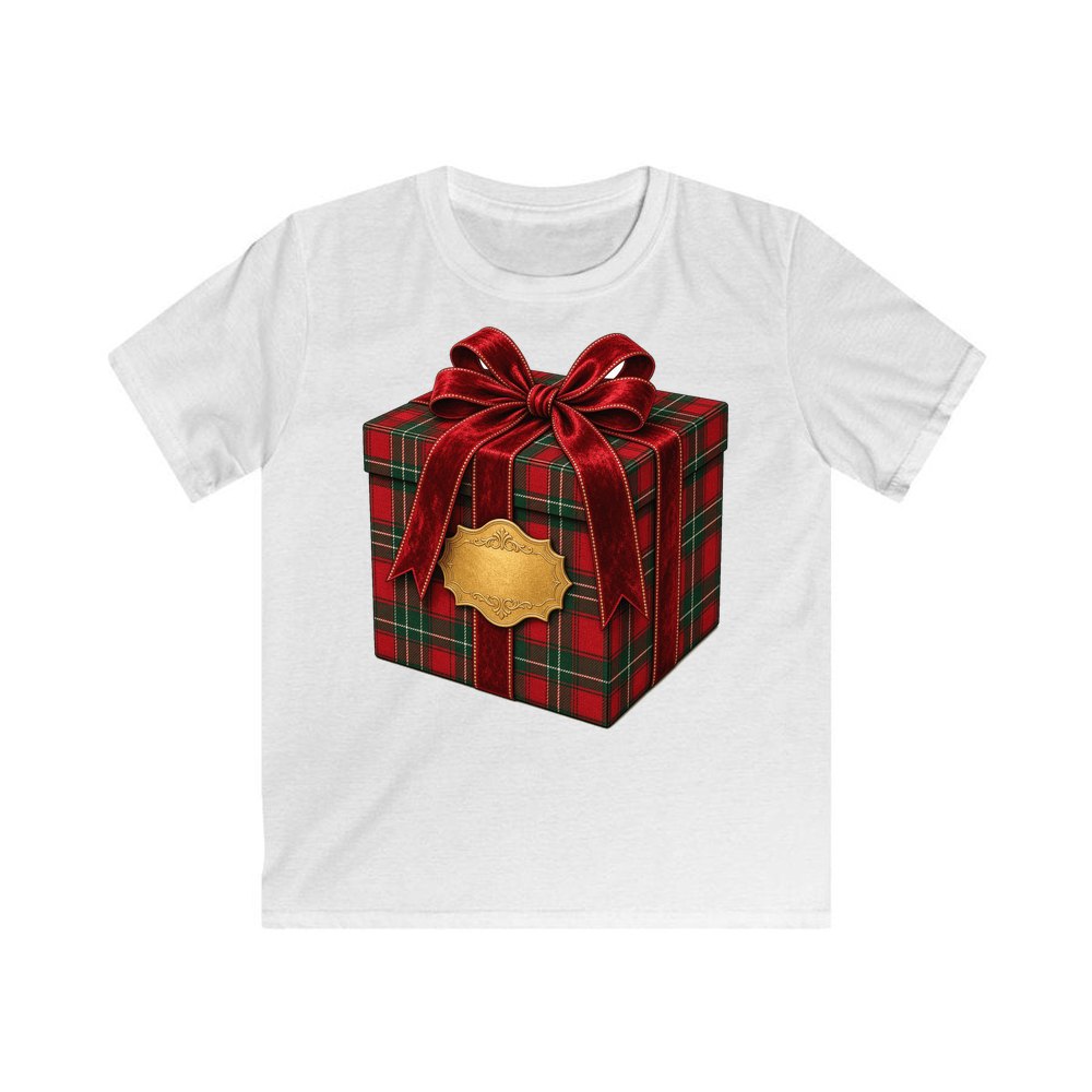 Tartan Gift Box personalised kids Christmas tee in white
