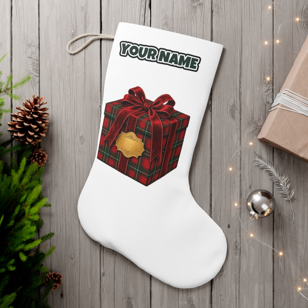 Tartan Gift Box personalised Christmas stocking, white, with the name across the top