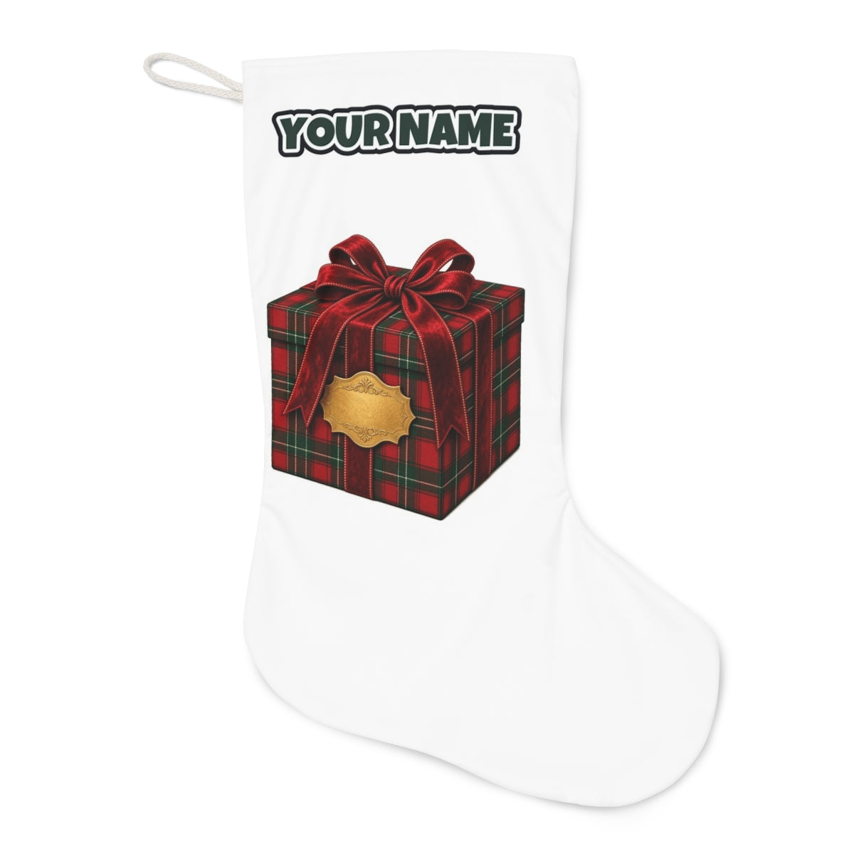 Tartan Gift Box Christmas stocking laid flat, showing the full print