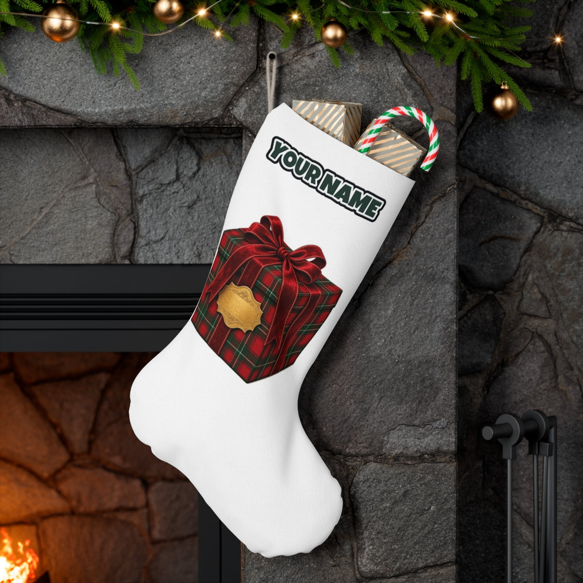 Tartan Gift Box personalised Christmas stocking hanging on a mantel