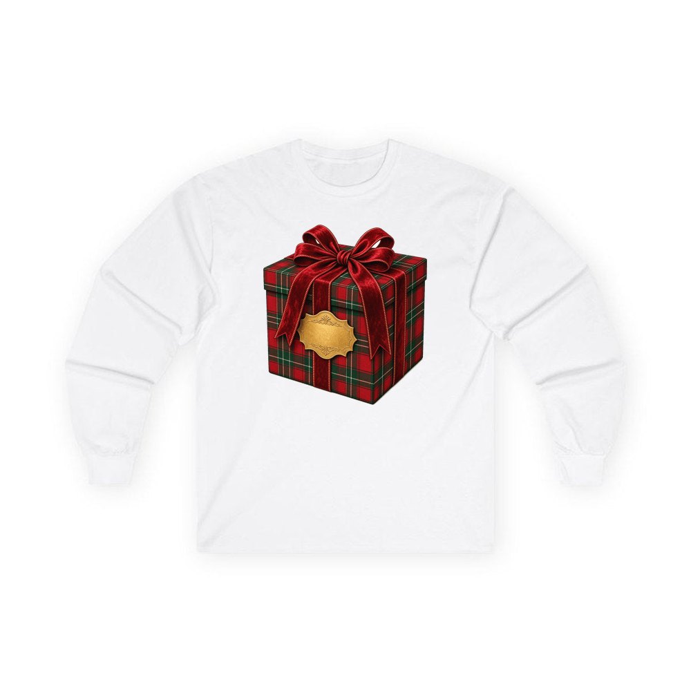Tartan Gift Box personalised long sleeve Christmas T-shirt in white