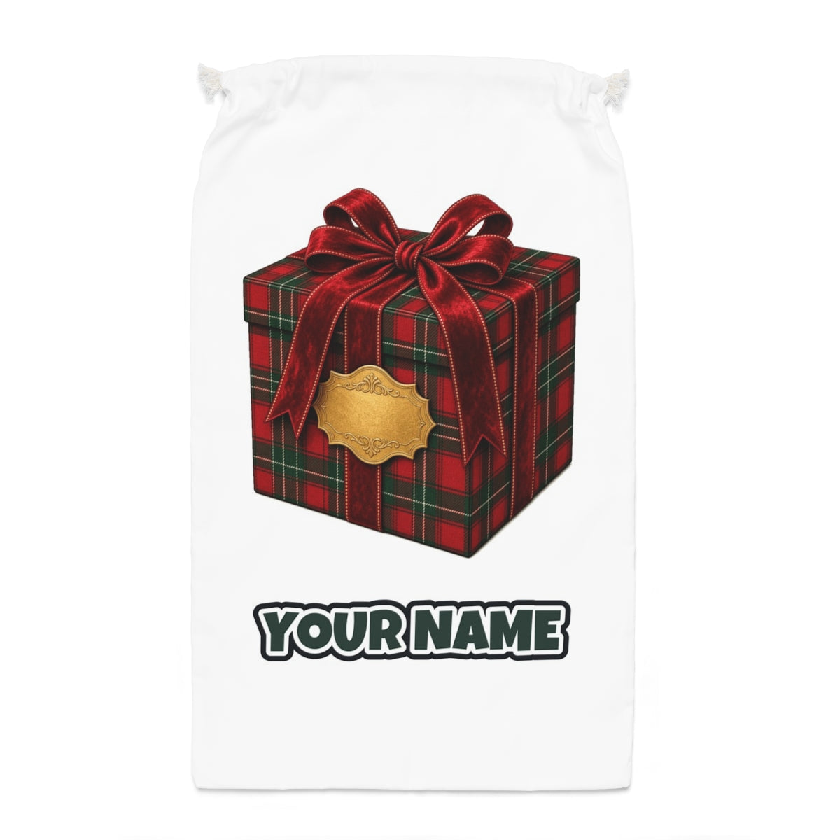 Tartan Gift Box Santa sack laid flat, showing the full print