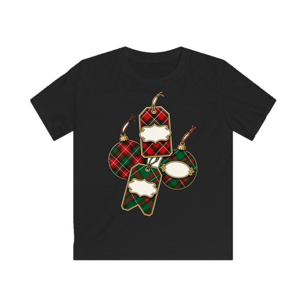 Tartan Gift Tags And Baubles personalised kids Christmas tee in black