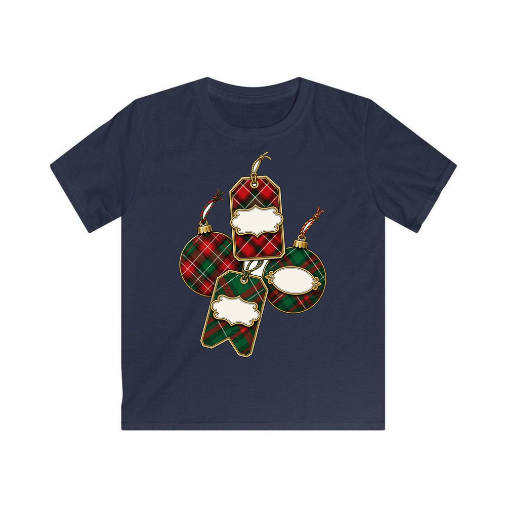 Tartan Gift Tags And Baubles personalised kids Christmas tee in navy