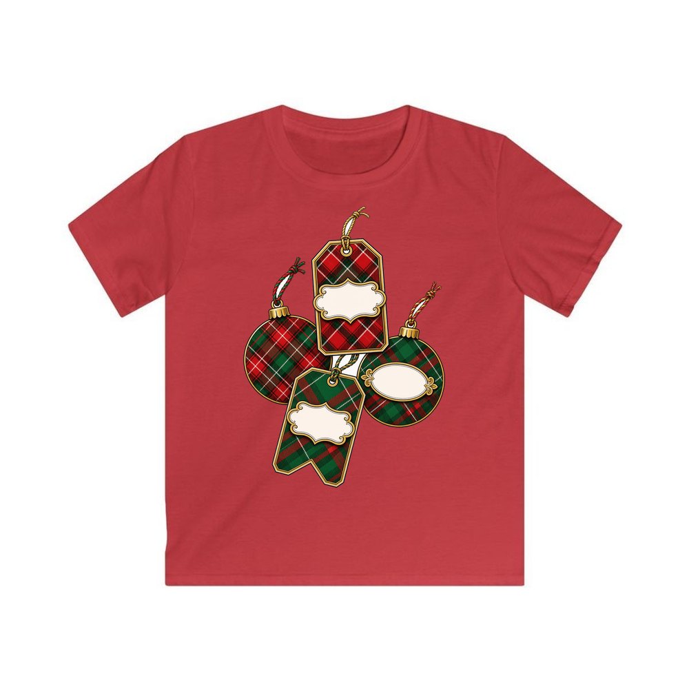 Tartan Gift Tags And Baubles personalised kids Christmas tee in red
