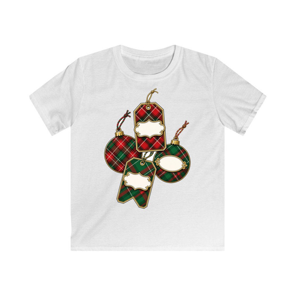 Tartan Gift Tags And Baubles personalised kids Christmas tee in white