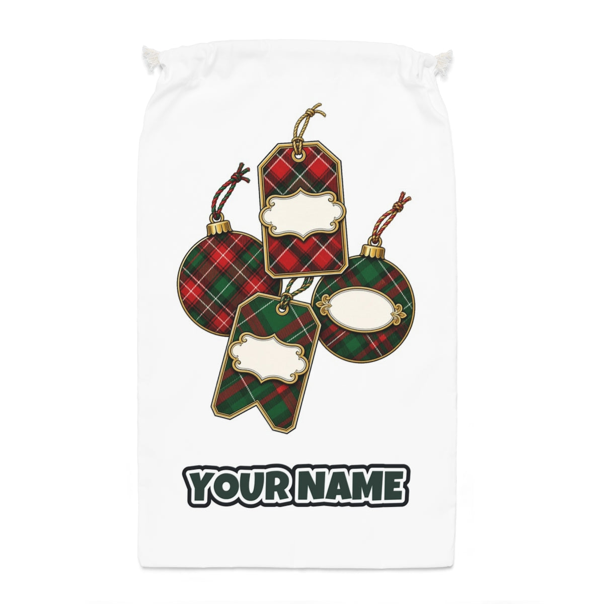 Tartan Gift Tags And Baubles Santa sack laid flat, showing the full print