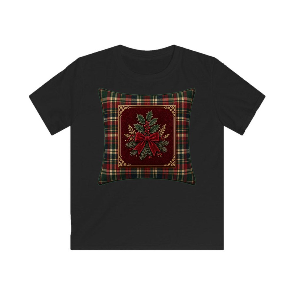 Tartan Holly Cushion personalised kids Christmas tee in black