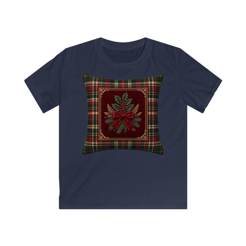 Tartan Holly Cushion personalised kids Christmas tee in navy