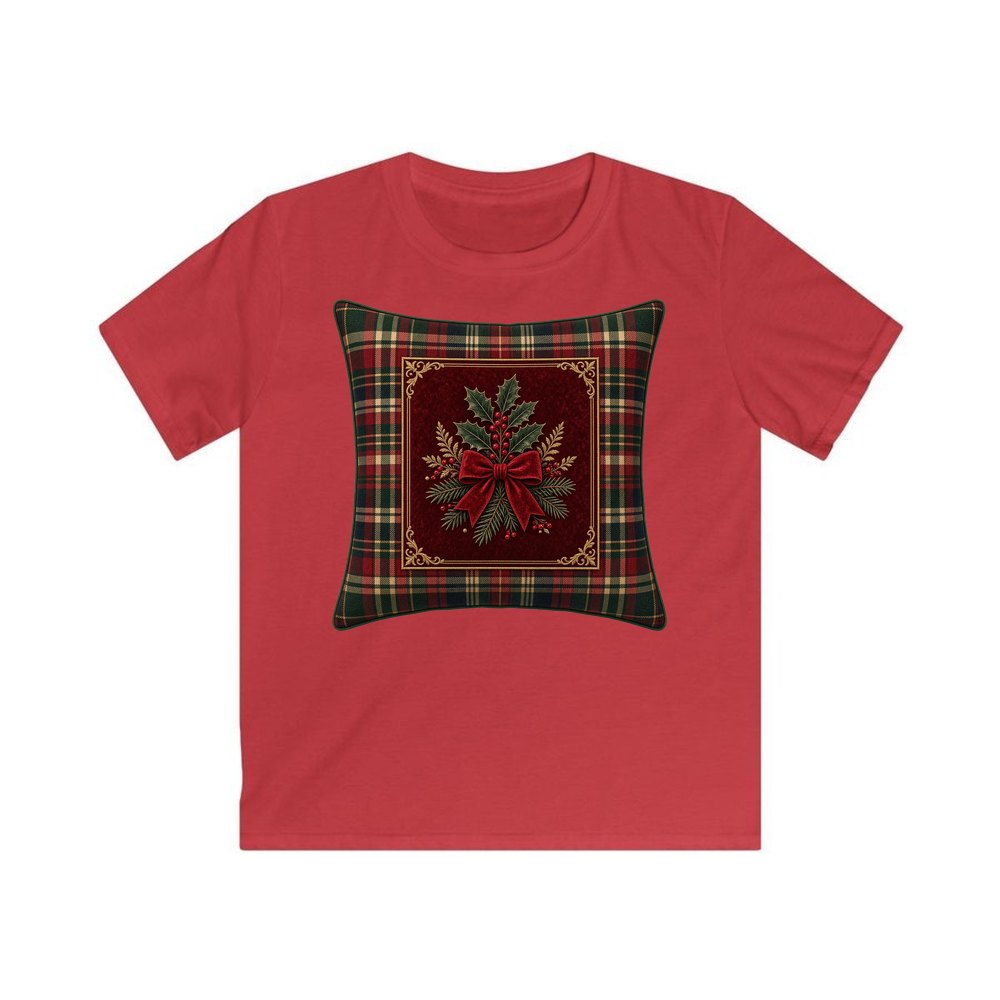 Tartan Holly Cushion personalised kids Christmas tee in red