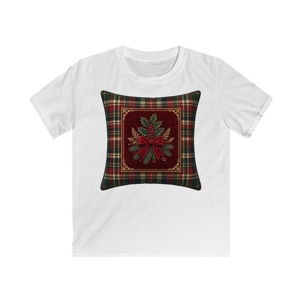 Tartan Holly Cushion personalised kids Christmas tee in white