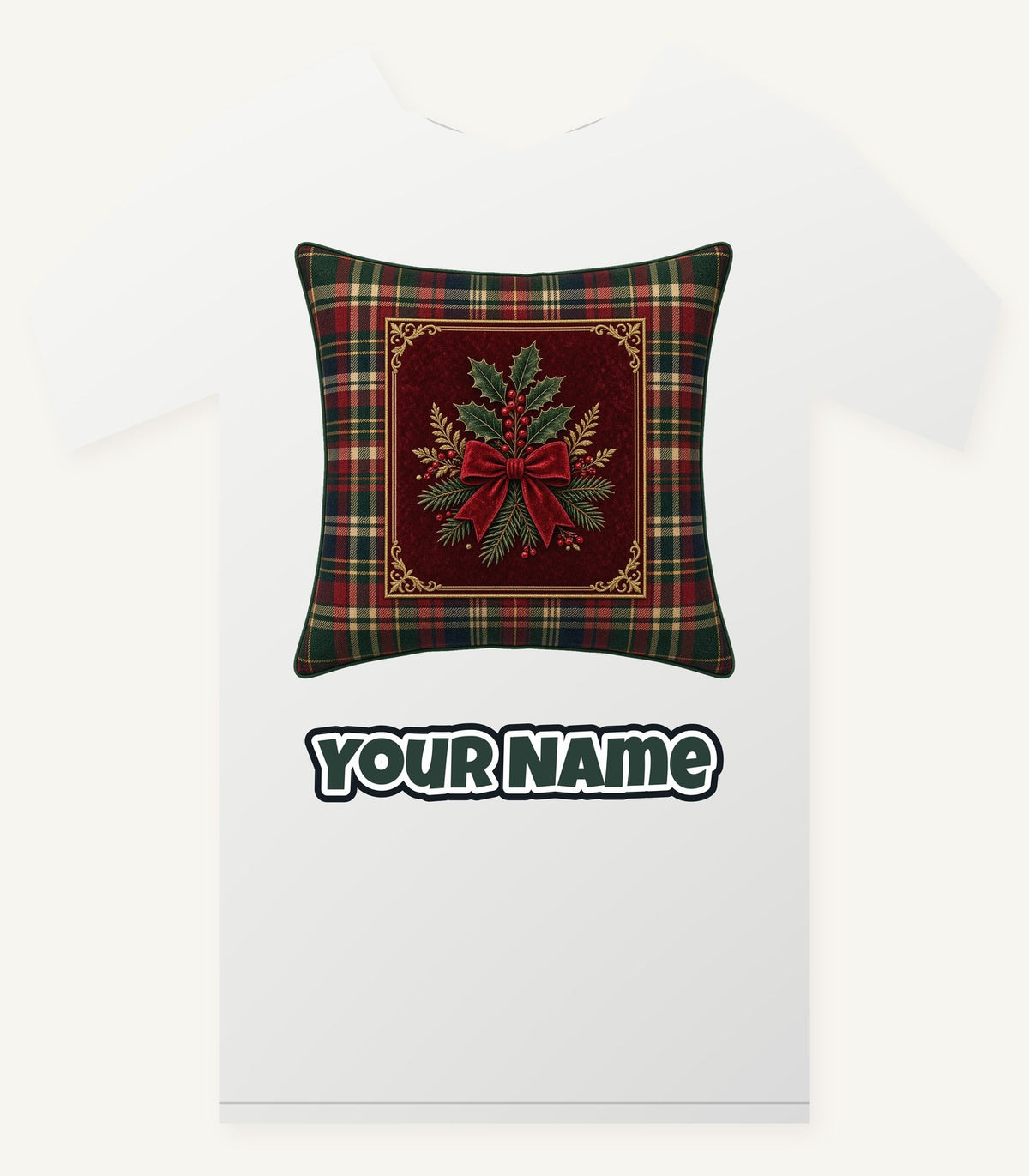 Tartan Holly Cushion Personalised Christmas T-Shirt and Hoodie
