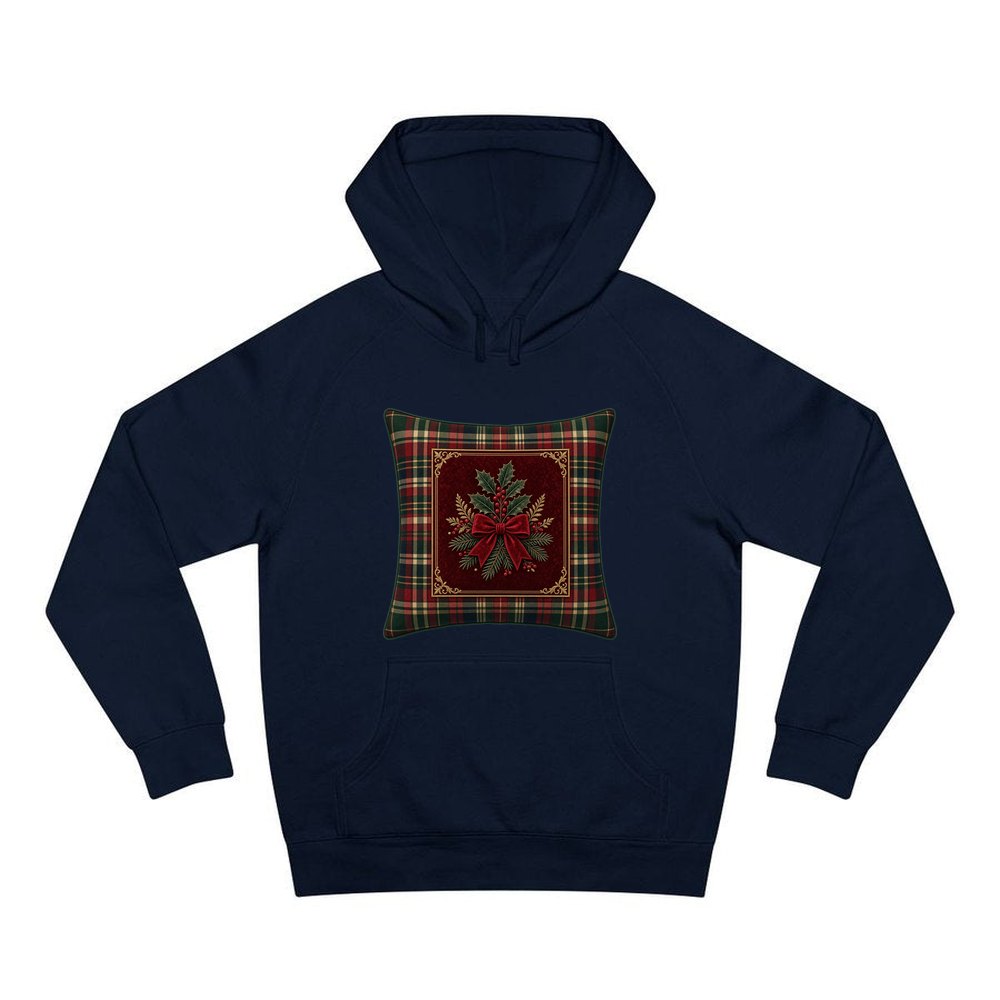 Tartan Holly Cushion personalised Christmas hoodie in navy