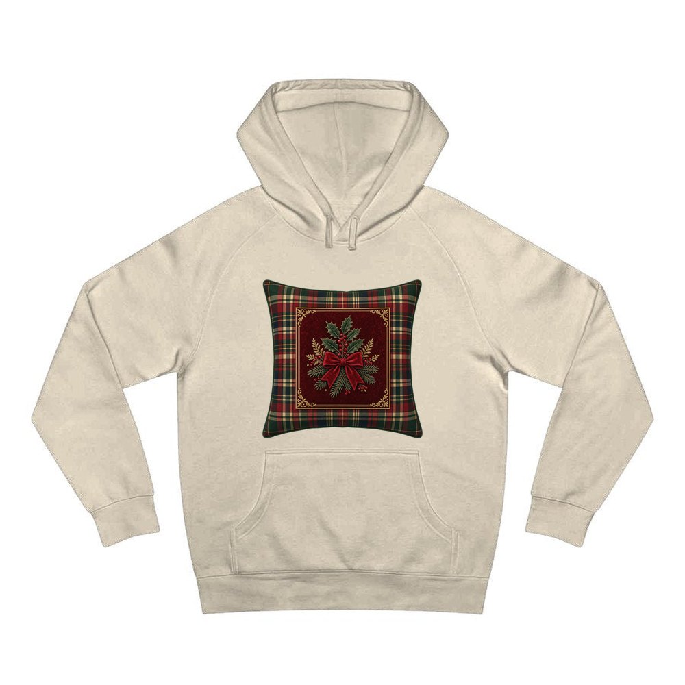 Tartan Holly Cushion personalised Christmas hoodie in sand