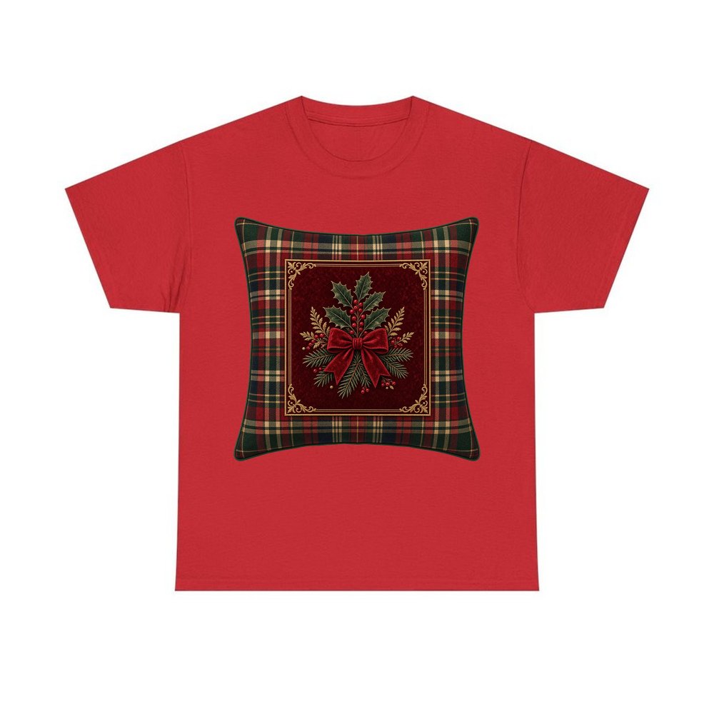 Tartan Holly Cushion personalised Christmas T-shirt in red