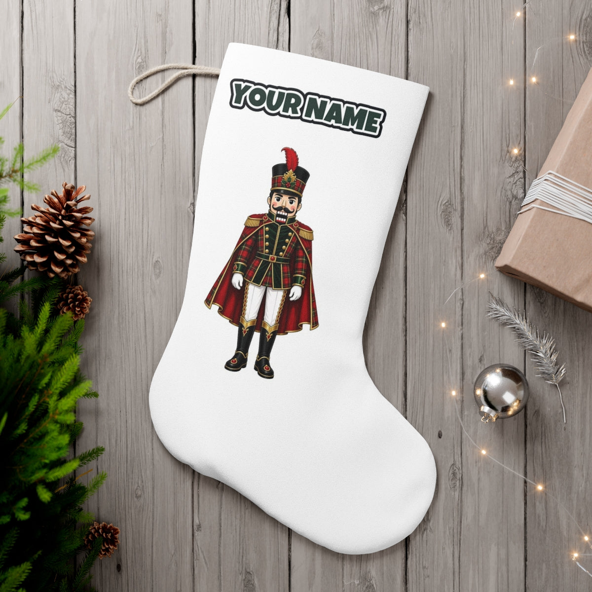 Tartan Nutcracker Soldier personalised Christmas stocking, white, with the name across the top