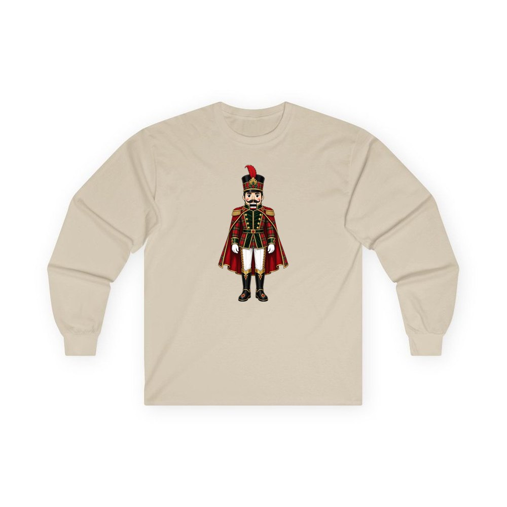 Tartan Nutcracker Soldier personalised long sleeve Christmas T-shirt in sand