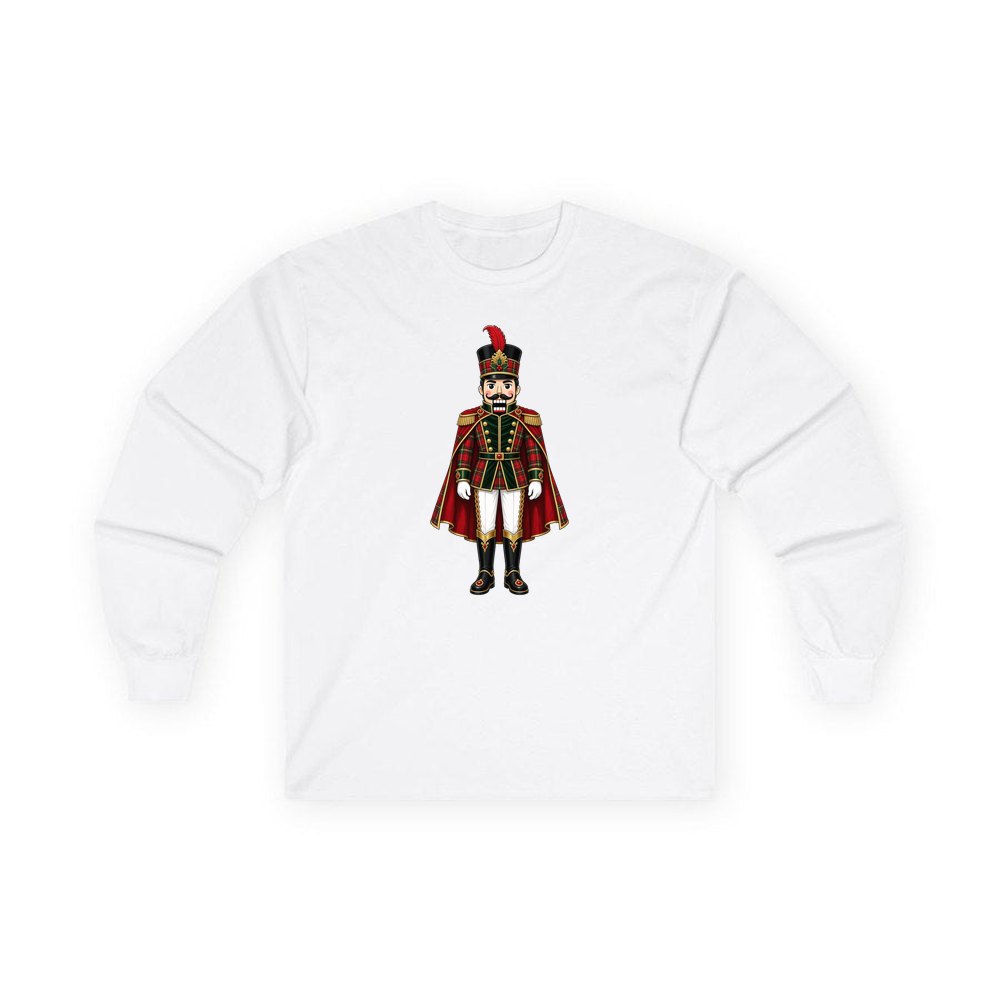 Tartan Nutcracker Soldier personalised long sleeve Christmas T-shirt in white