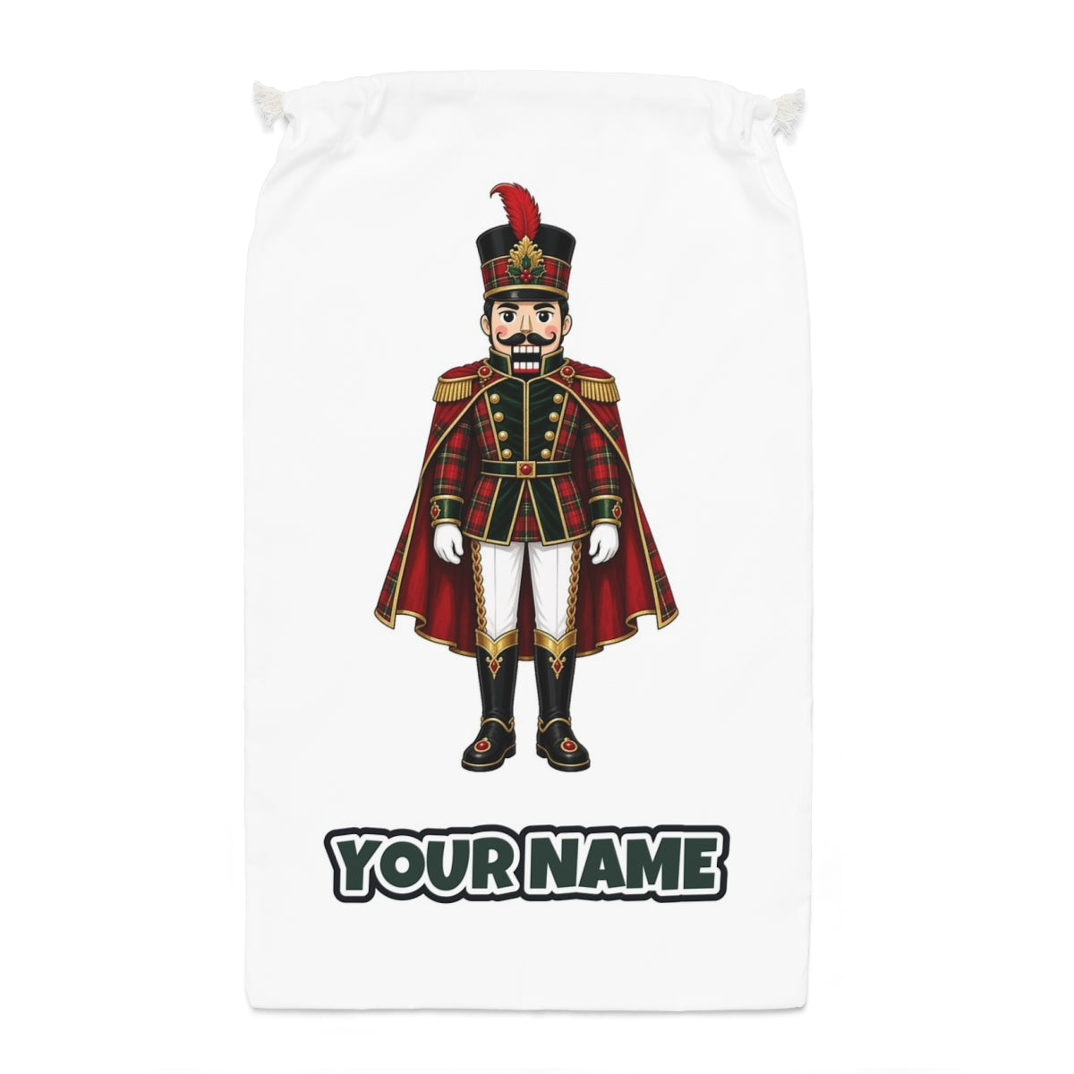 Tartan Nutcracker Soldier Santa sack laid flat, showing the full print