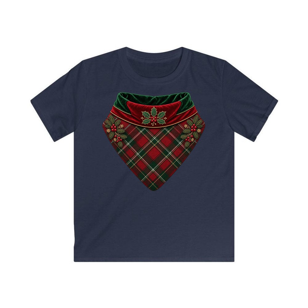 Tartan Pet Bandana personalised kids Christmas tee in navy