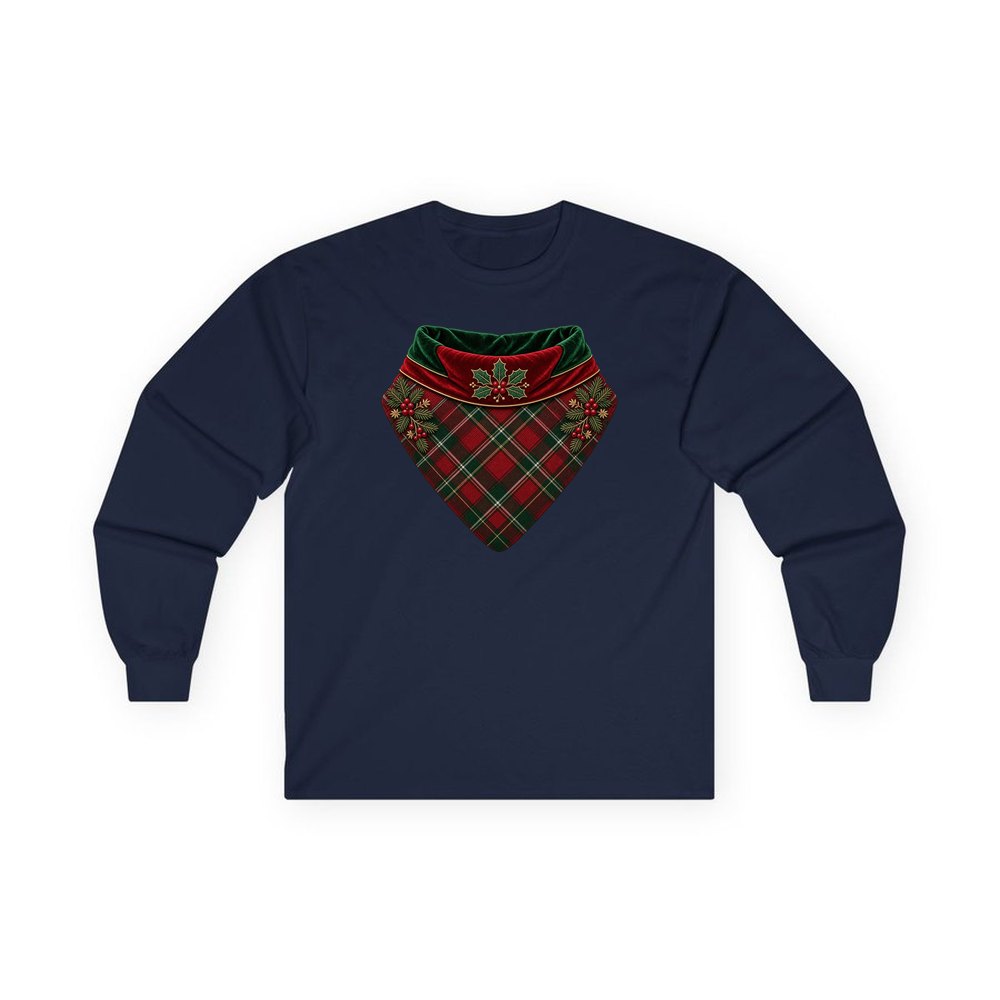 Tartan Pet Bandana personalised long sleeve Christmas T-shirt in navy