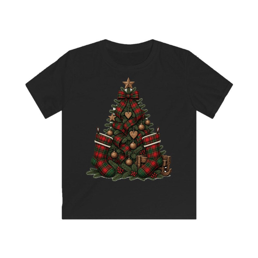 Tartan Plaid Christmas Tree personalised kids Christmas tee in black