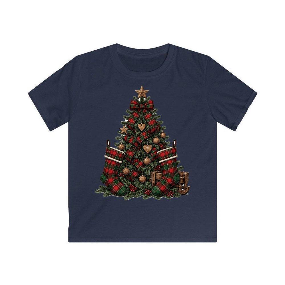 Tartan Plaid Christmas Tree personalised kids Christmas tee in navy