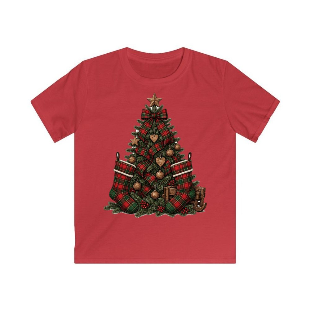 Tartan Plaid Christmas Tree personalised kids Christmas tee in red