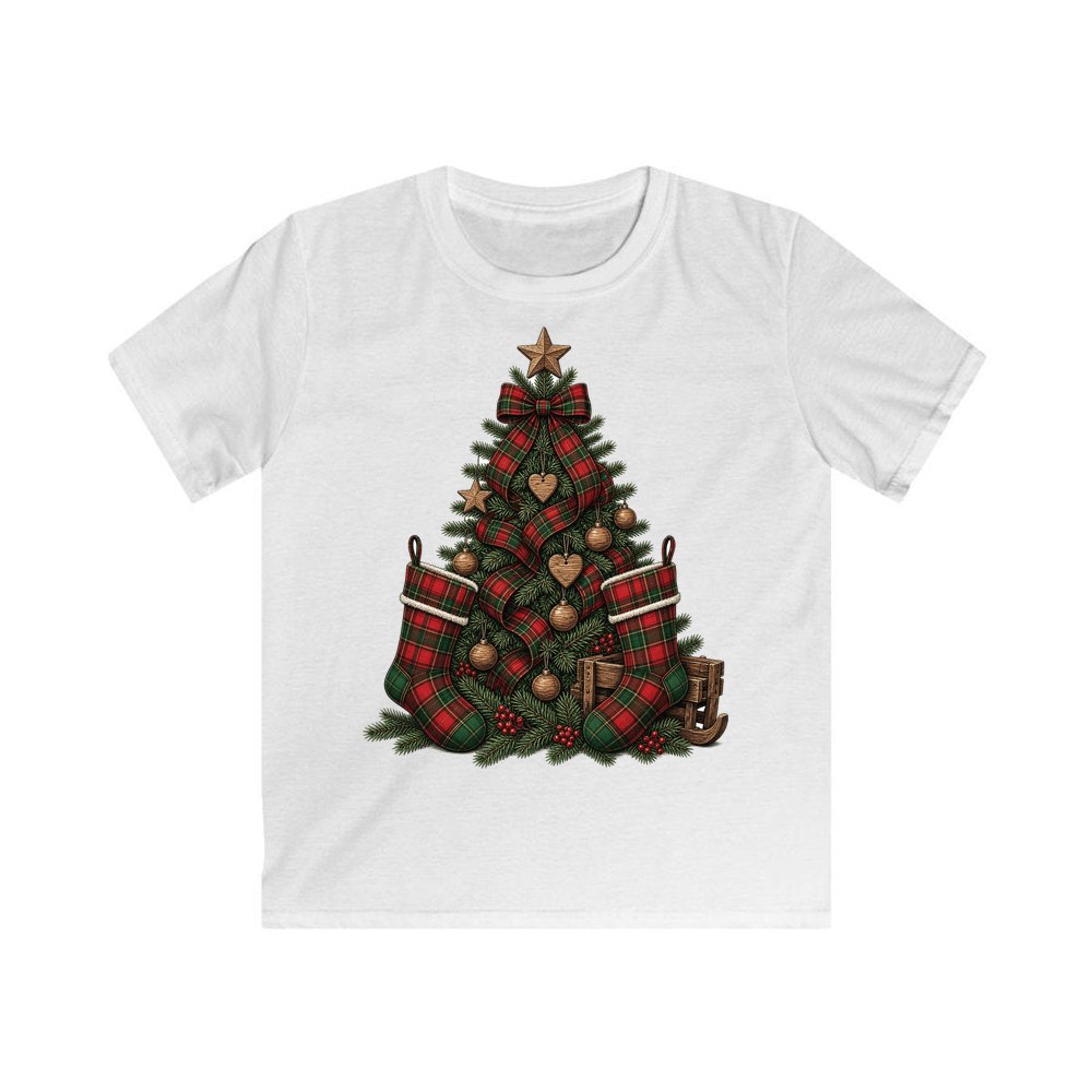 Tartan Plaid Christmas Tree personalised kids Christmas tee in white