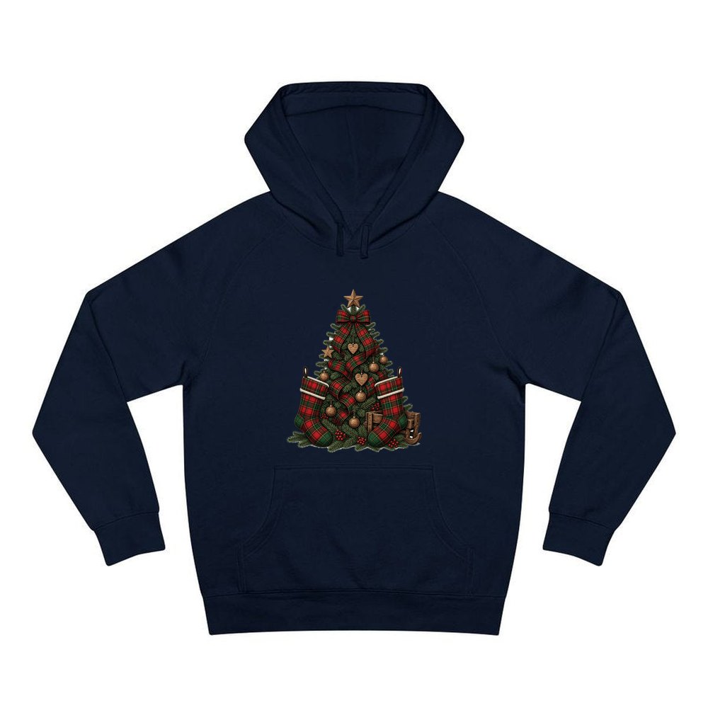 Tartan Plaid Christmas Tree personalised Christmas hoodie in navy