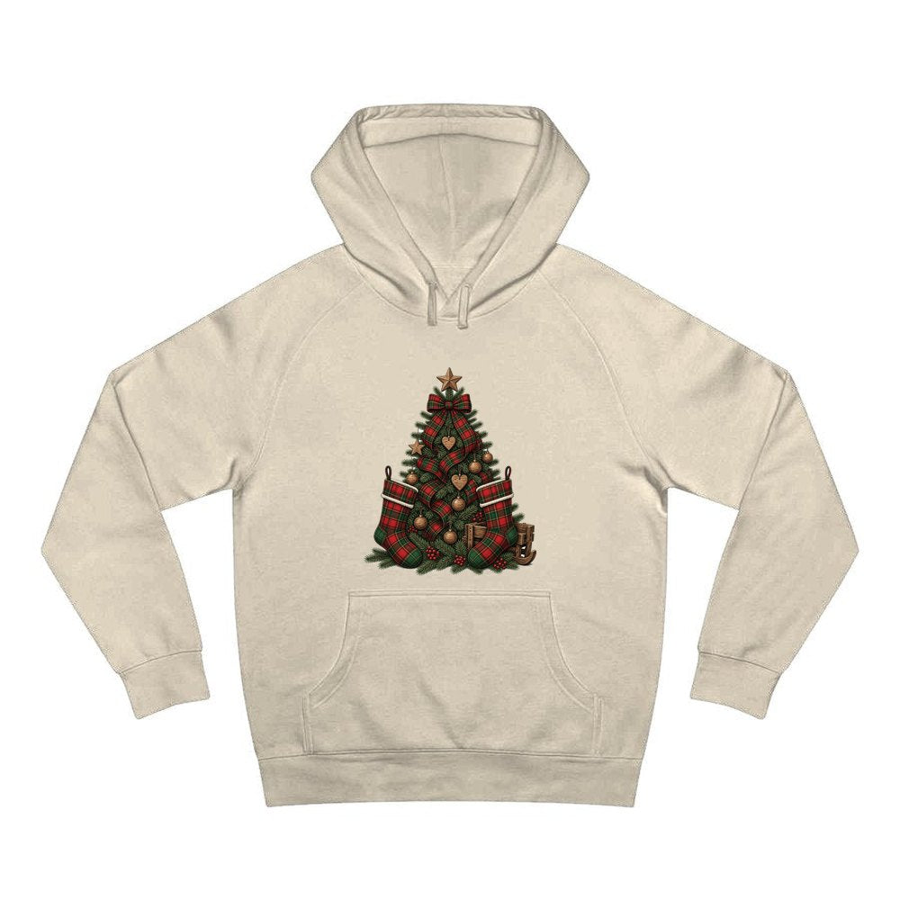 Tartan Plaid Christmas Tree personalised Christmas hoodie in sand