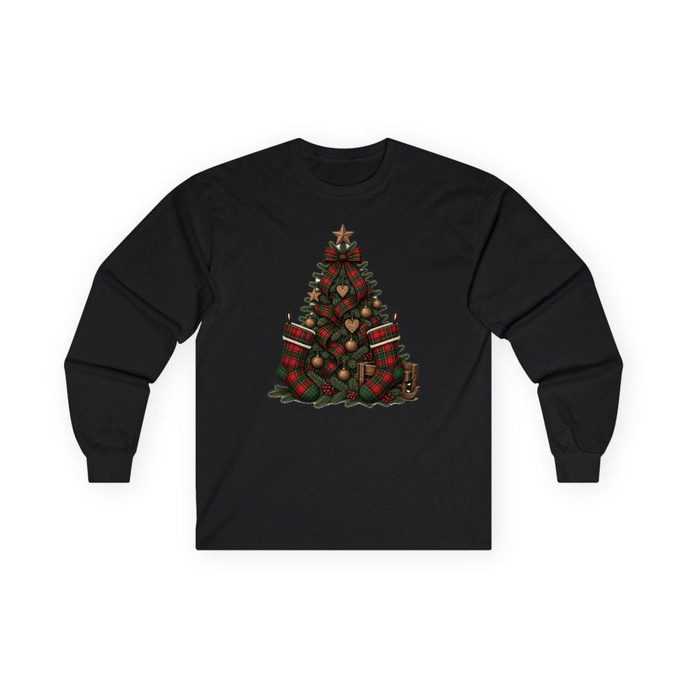 Tartan Plaid Christmas Tree personalised long sleeve Christmas T-shirt in black