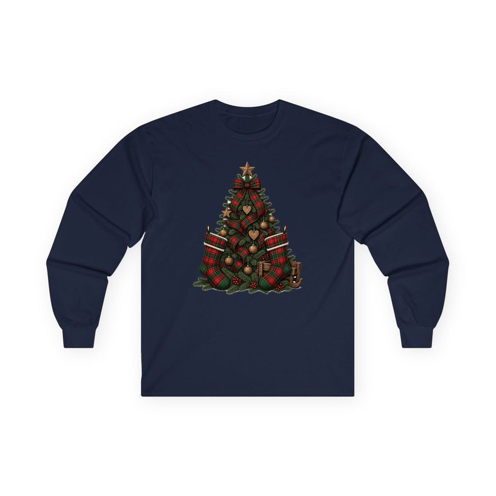 Tartan Plaid Christmas Tree personalised long sleeve Christmas T-shirt in navy