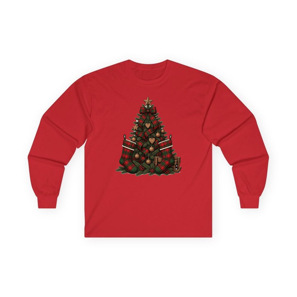 Tartan Plaid Christmas Tree personalised long sleeve Christmas T-shirt in red