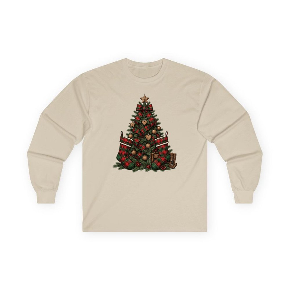 Tartan Plaid Christmas Tree personalised long sleeve Christmas T-shirt in sand