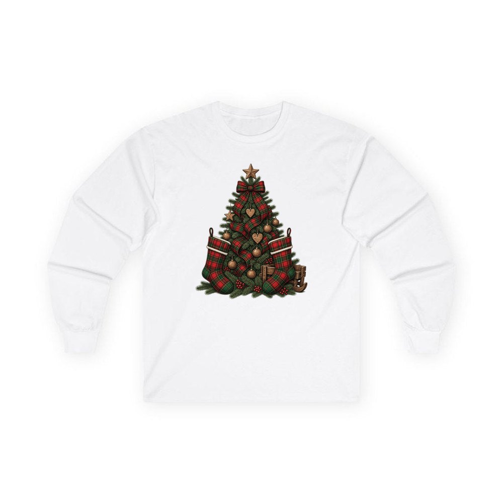 Tartan Plaid Christmas Tree personalised long sleeve Christmas T-shirt in white
