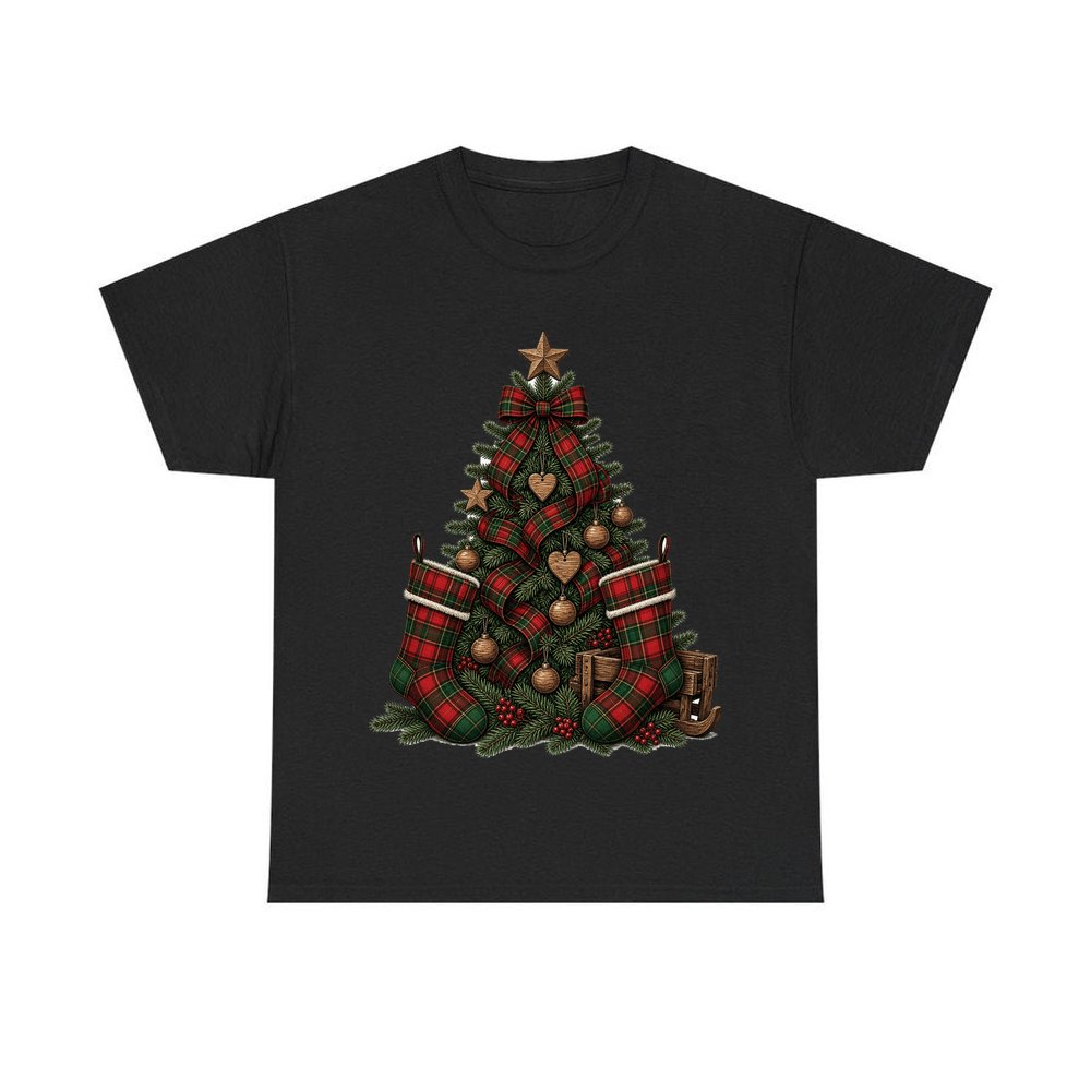 Tartan Plaid Christmas Tree personalised Christmas T-shirt in black
