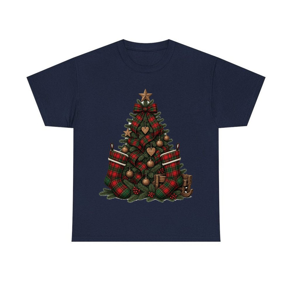 Tartan Plaid Christmas Tree personalised Christmas T-shirt in navy